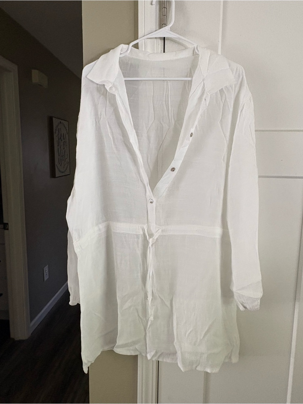 SHEIN White Sheer Long-Sleeve Swim Coverup with Drawstring Waist